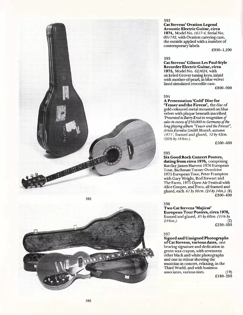 Cat Stevens' personal Ovation guitar - Sotheby's Rock 'n' Roll Memorabilia Catalog