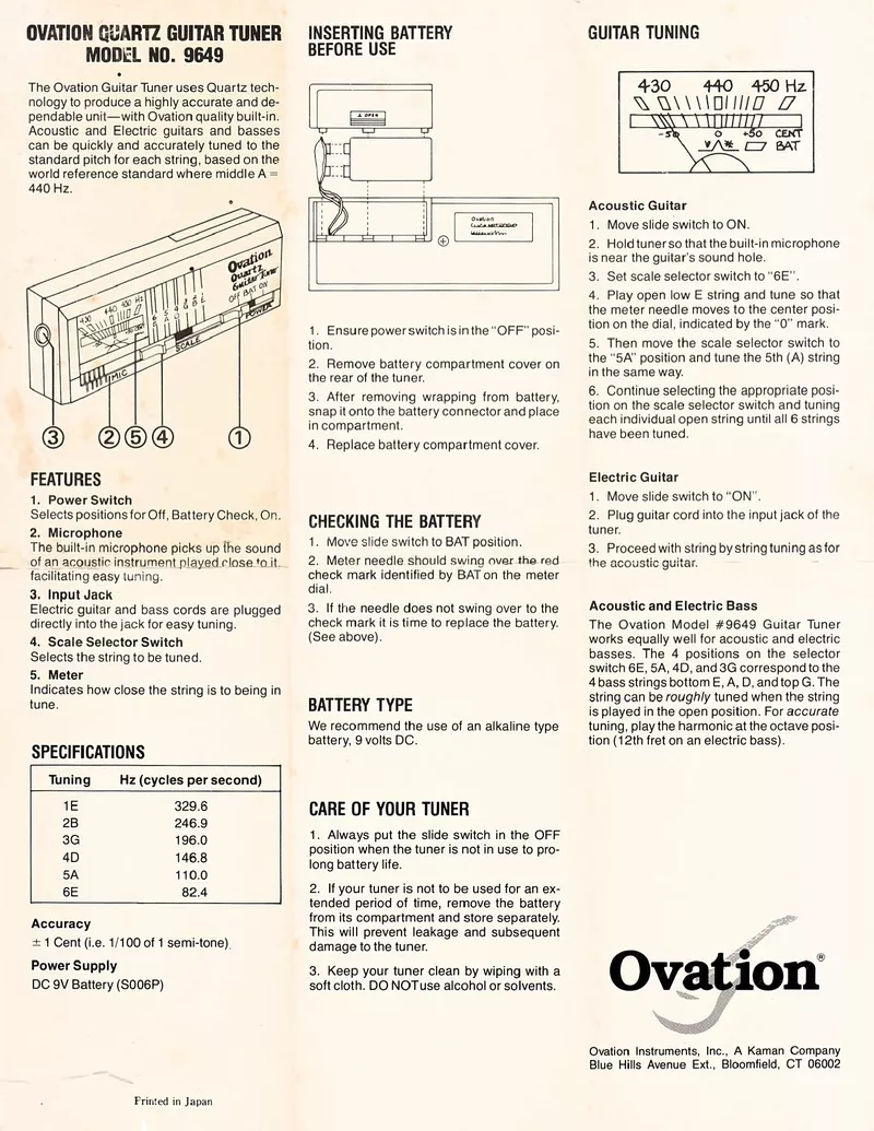 Ovation Quartz Guitar Tuner Model No. 9649 Instruction Manual